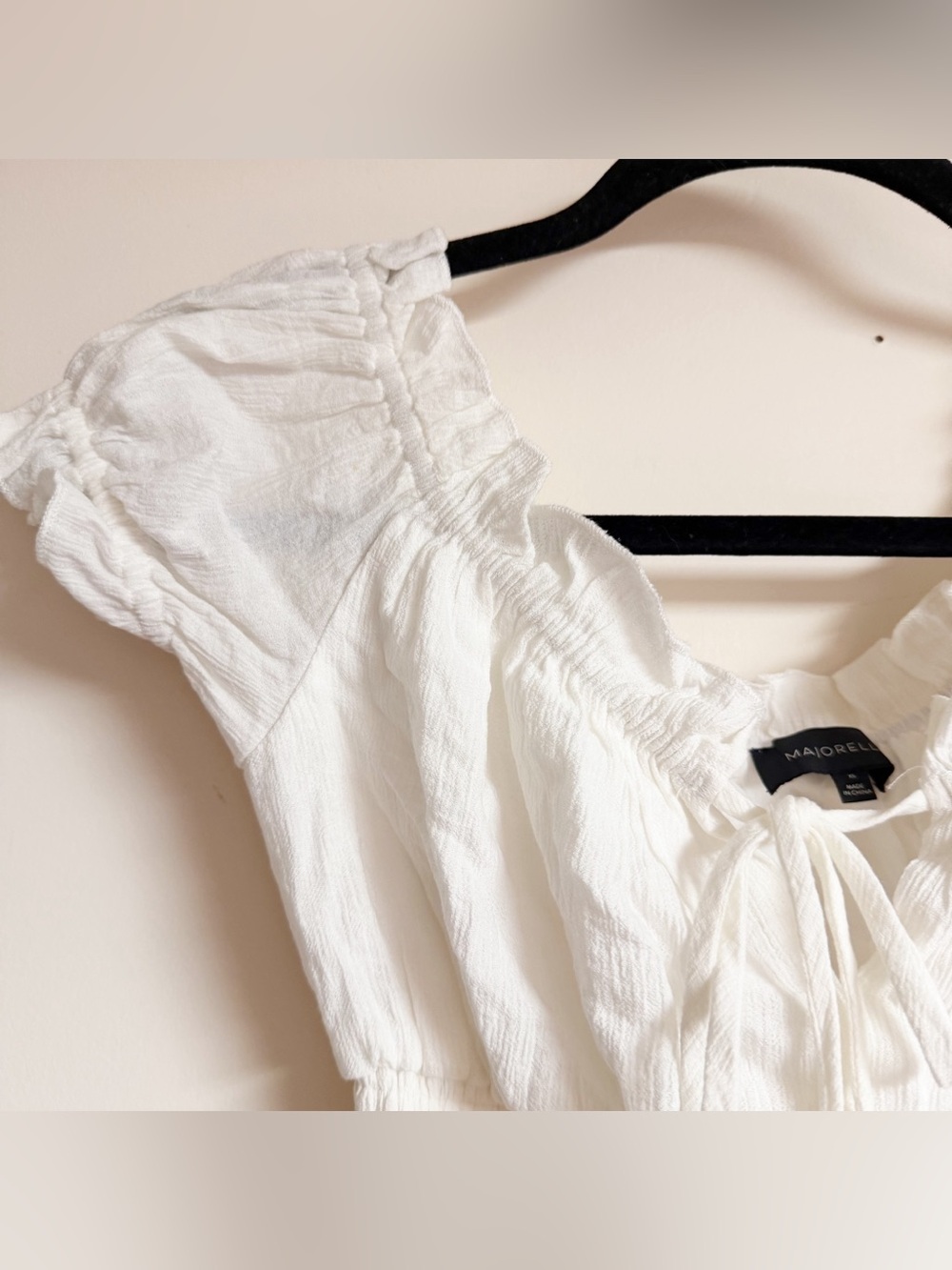 MAJORELLE White Smocked Peasant Crop Top with Tie Size XS - Picture 2 of 6